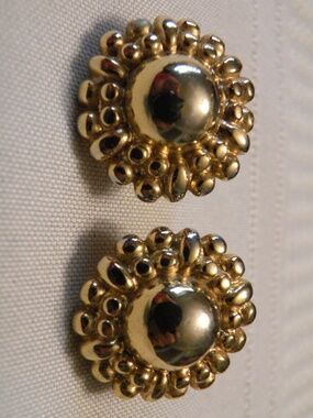 Vintage Monet Shiny Gold Tone Round Dome, Abstract Flowers Clip on Earrings